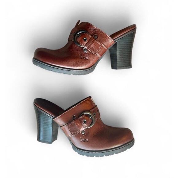 Born Concept B.O.C. Women’s Brown Leather Heeled Slip-on Clogs Metal Buckle US 7 - Picture 1 of 8